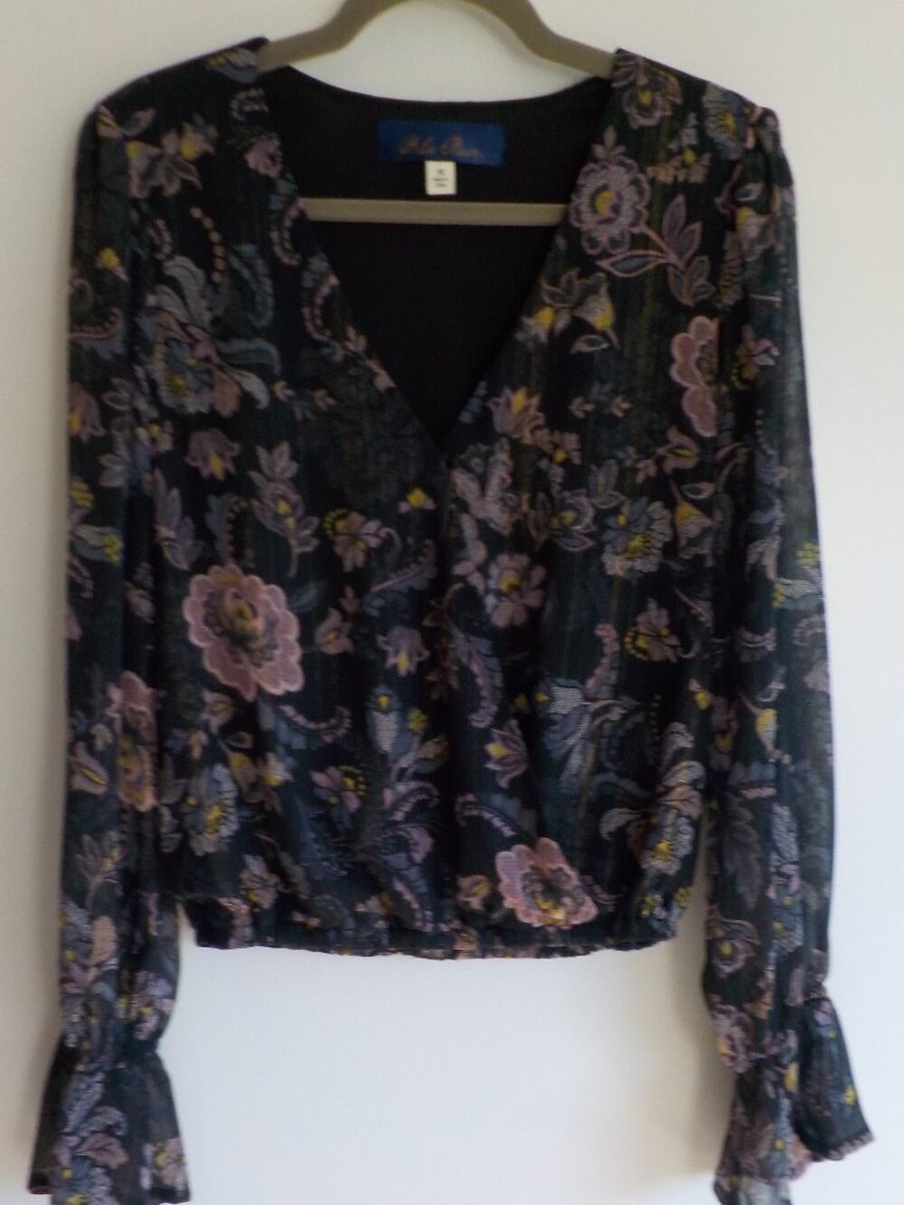 Blue Rain Blouse - Medium - Black Floral Fancy Long Sleeve Sheer (822)